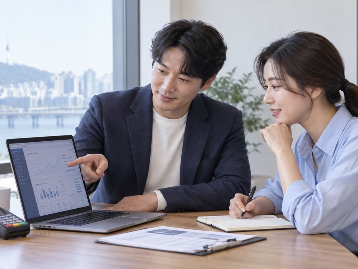 상품권 판매 PG 가입 · 한강이 보이는 사무실에서 두 사람이 노트북을 보며 상담하는 장면(연출 사진)