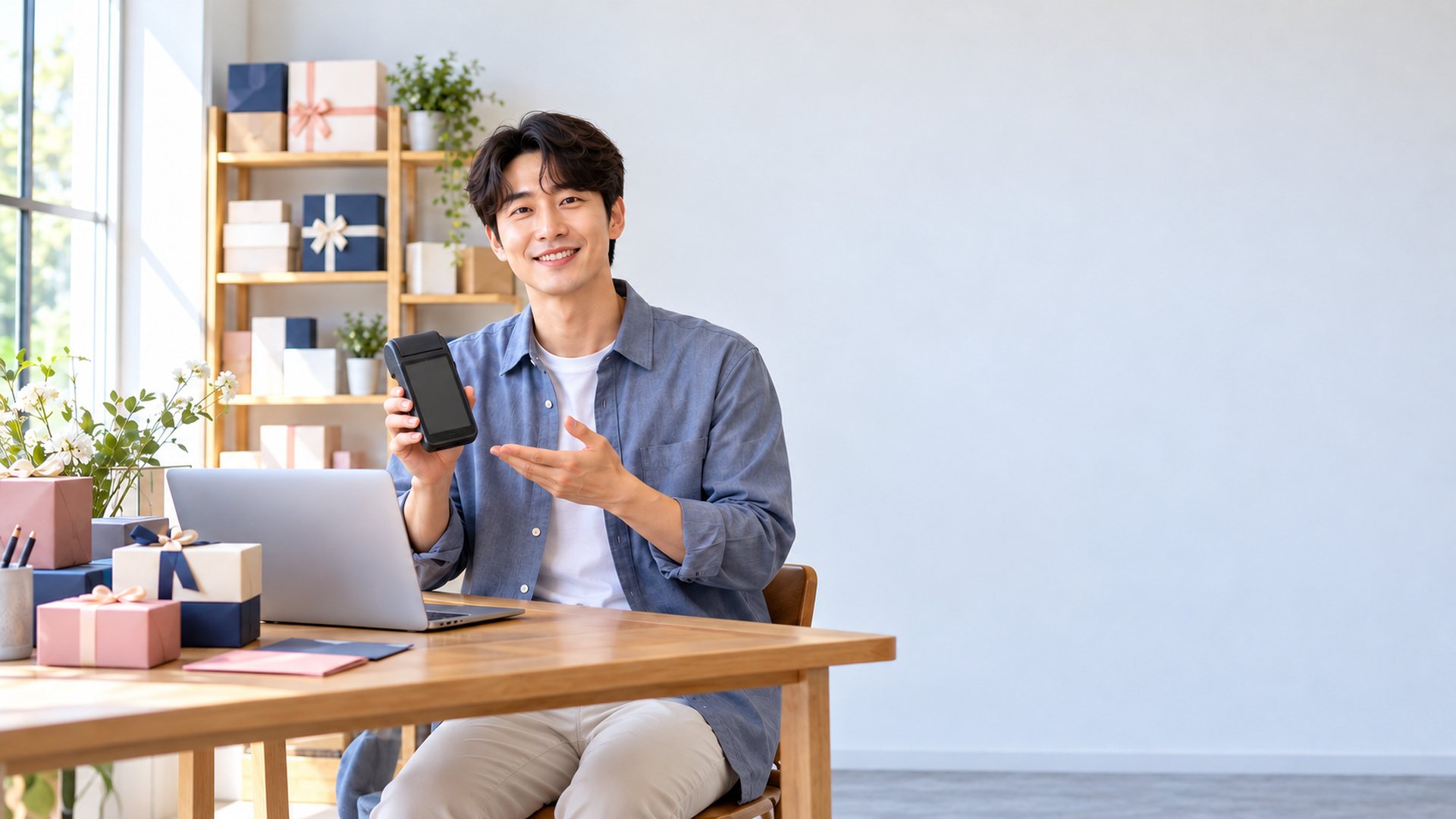 상품권 판매 PG 가입 · 온라인 쇼핑몰 작업실에서 30대 남자 운영자가 노트북 앞에서 무선 결제 단말기를 들고 웃는 장면(연출 사진)