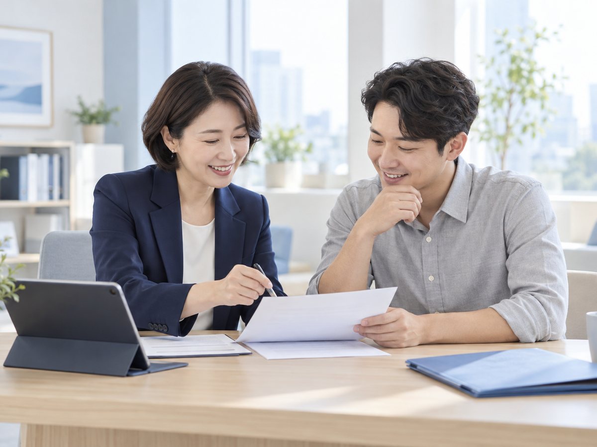 상품권 쇼핑몰 카드결제 · 두 사람이 태블릿과 서류를 보며 상담하는 장면(연출 사진)