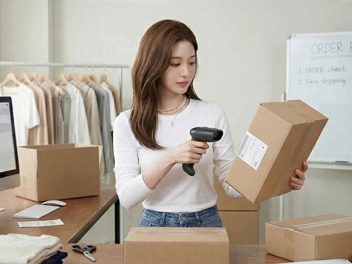 상품권 PG 전환 · 여성이 상자의 바코드를 스캔하며 주문을 정리하는 장면(연출 사진)